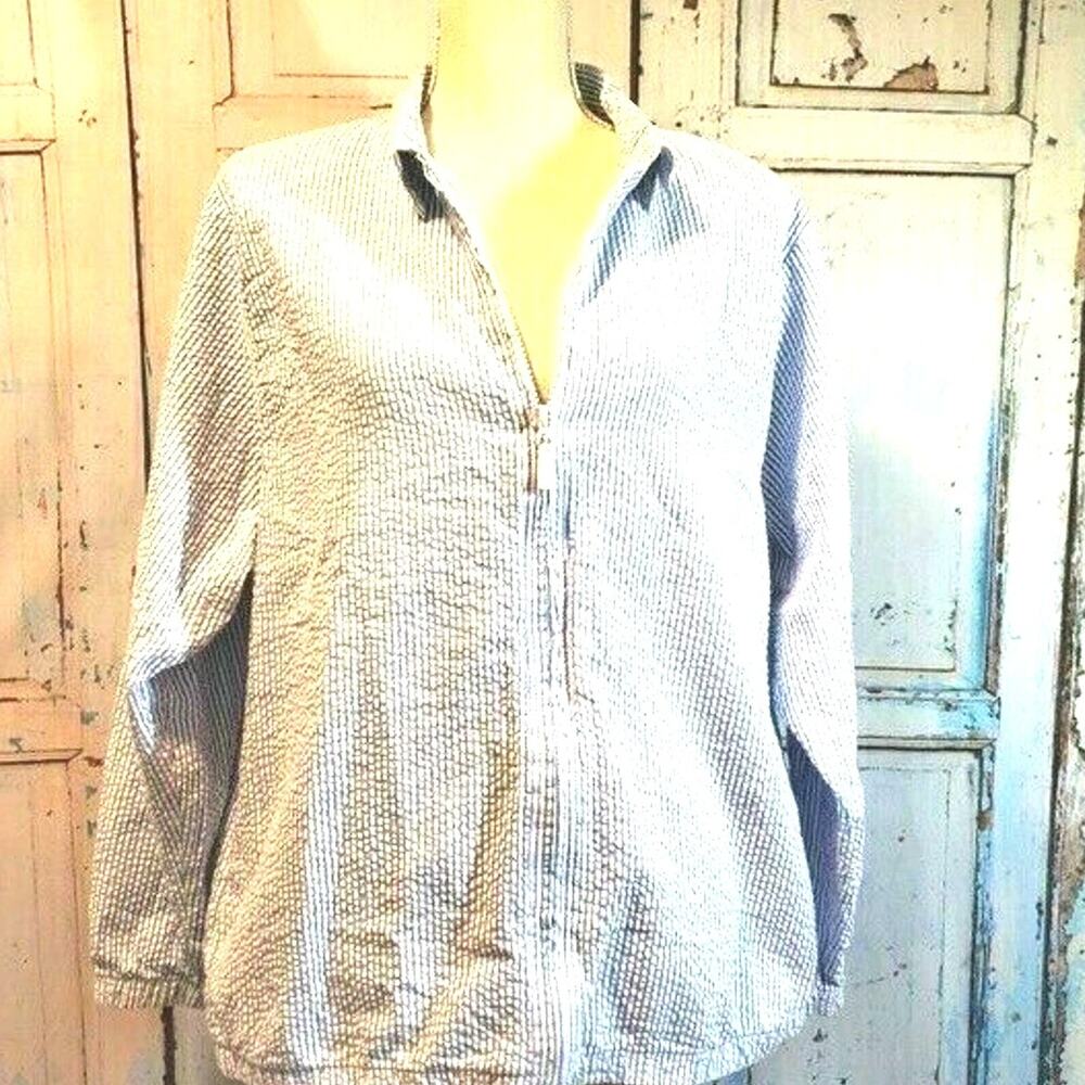 Vintage Salem Straits Blue & White Striped Jacket Size XL Crinkle Cotton Sail